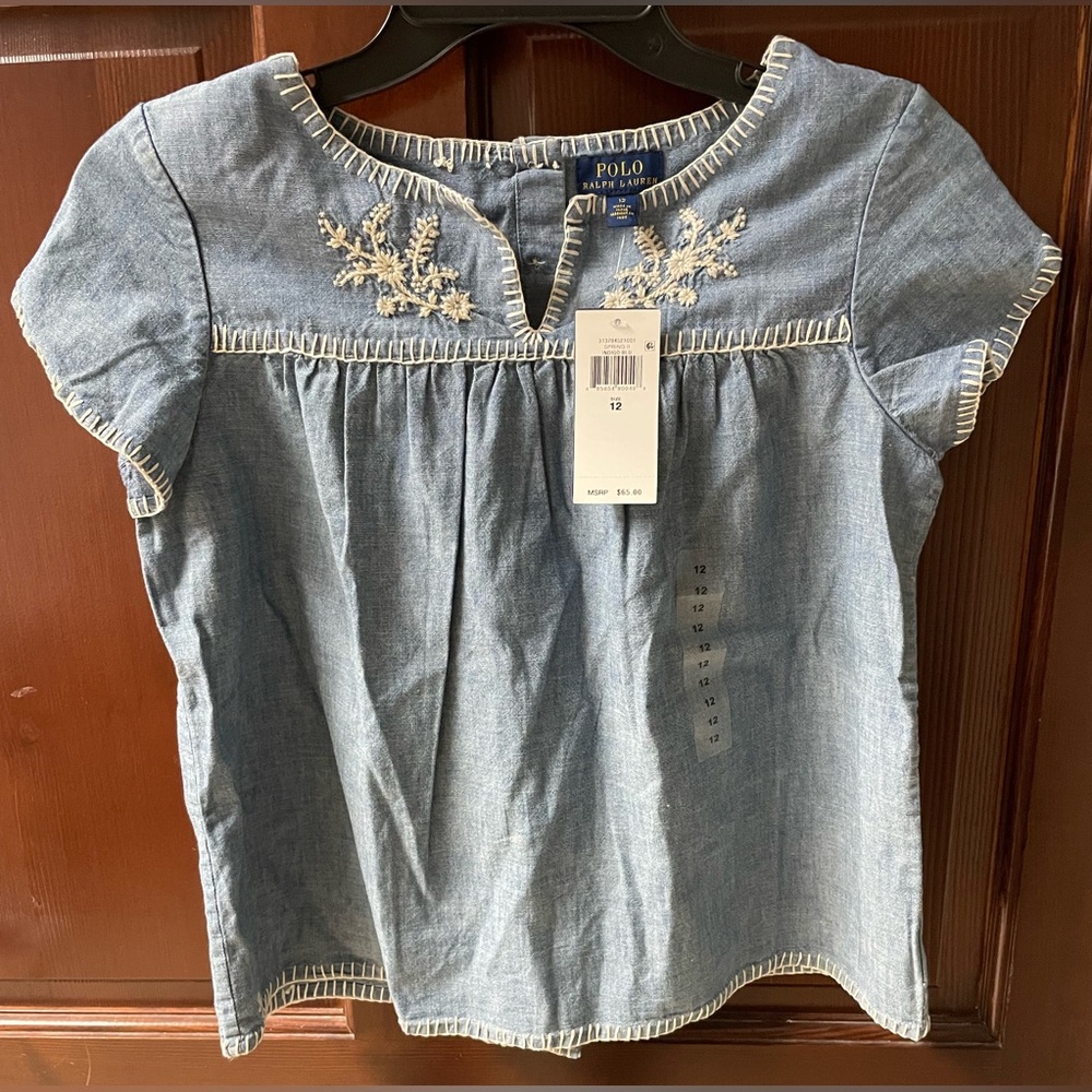 Polo Ralph Lauren Floral Embroidered Blue Chambray Top Girl's L26636 Size 12